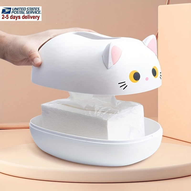 1pc Cute Cat Tissue Box Holder - Kitty Bathroom or Living Room Decor, with Tissue Dispenser Slot, Durable Plastic Construction, White & Black Cat Design for Home, Office, or Gift for Cat Lovers, Office Desk Accessory, Playful Decor Item, Cartoon Animal