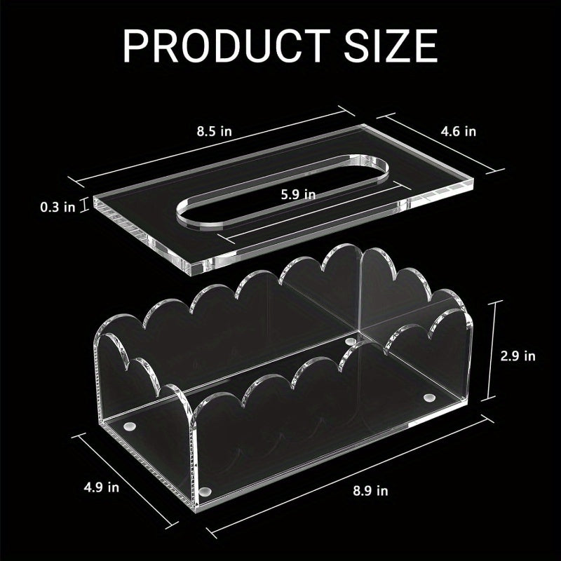 Clear Acrylic Tissue Box Cover Holder with Non-Slip Lid - Heavy-Duty 8mm Thick Rectangular Napkin Dispenser Organizer, Fits Standard Tissue Boxes, Modern White & Black Design for Bathroom, Office, Kitchen Countertop Storage (8.9"x4.9"x2.9") -