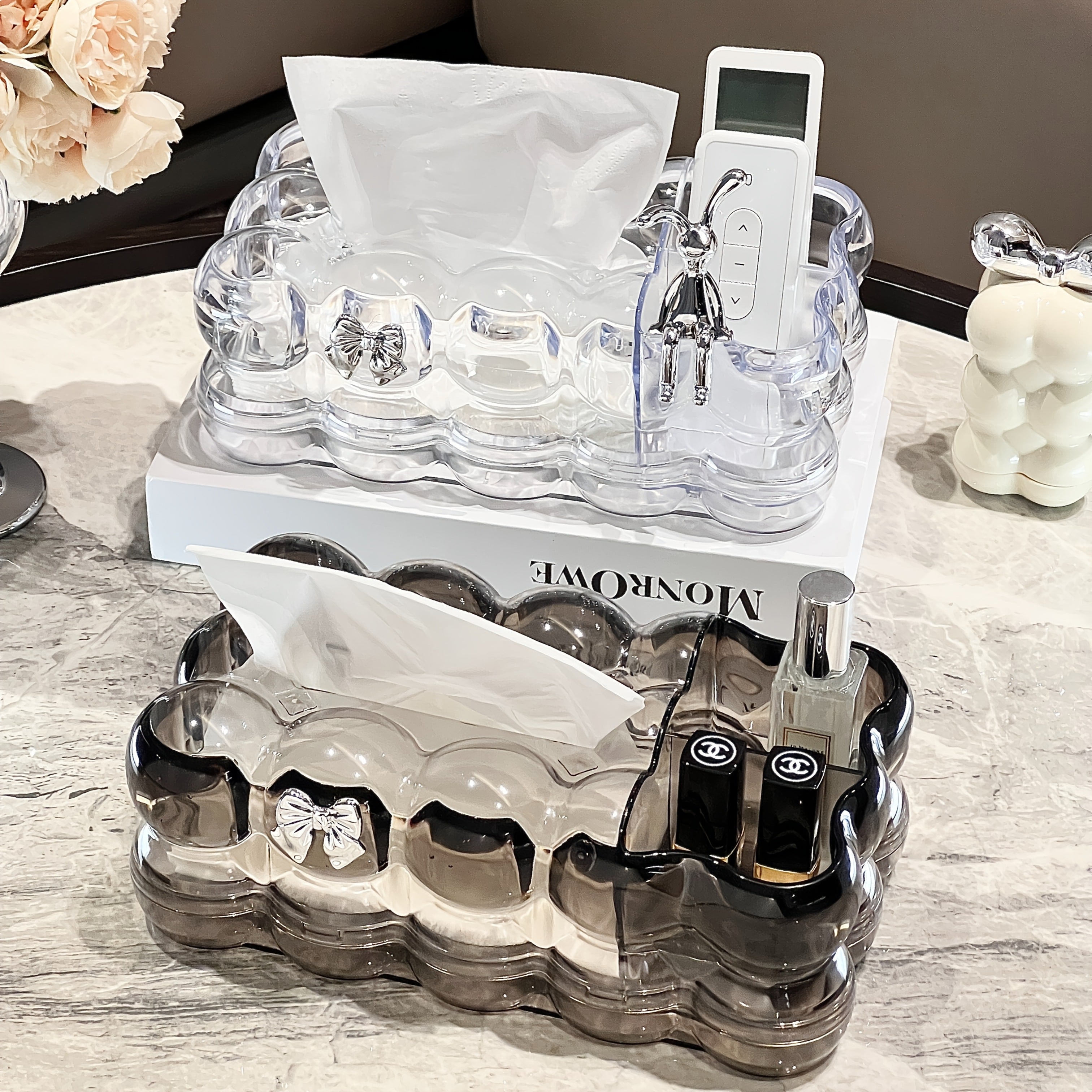 1pc Elegant Clear Plastic Tissue Box Holder with Two Storage Compartments and Rabbit Accents - Cloud-shaped Home Decor Storage Box for Living Room, Bedroom, Office, Kitchen, and Dining Area Storage and Decor