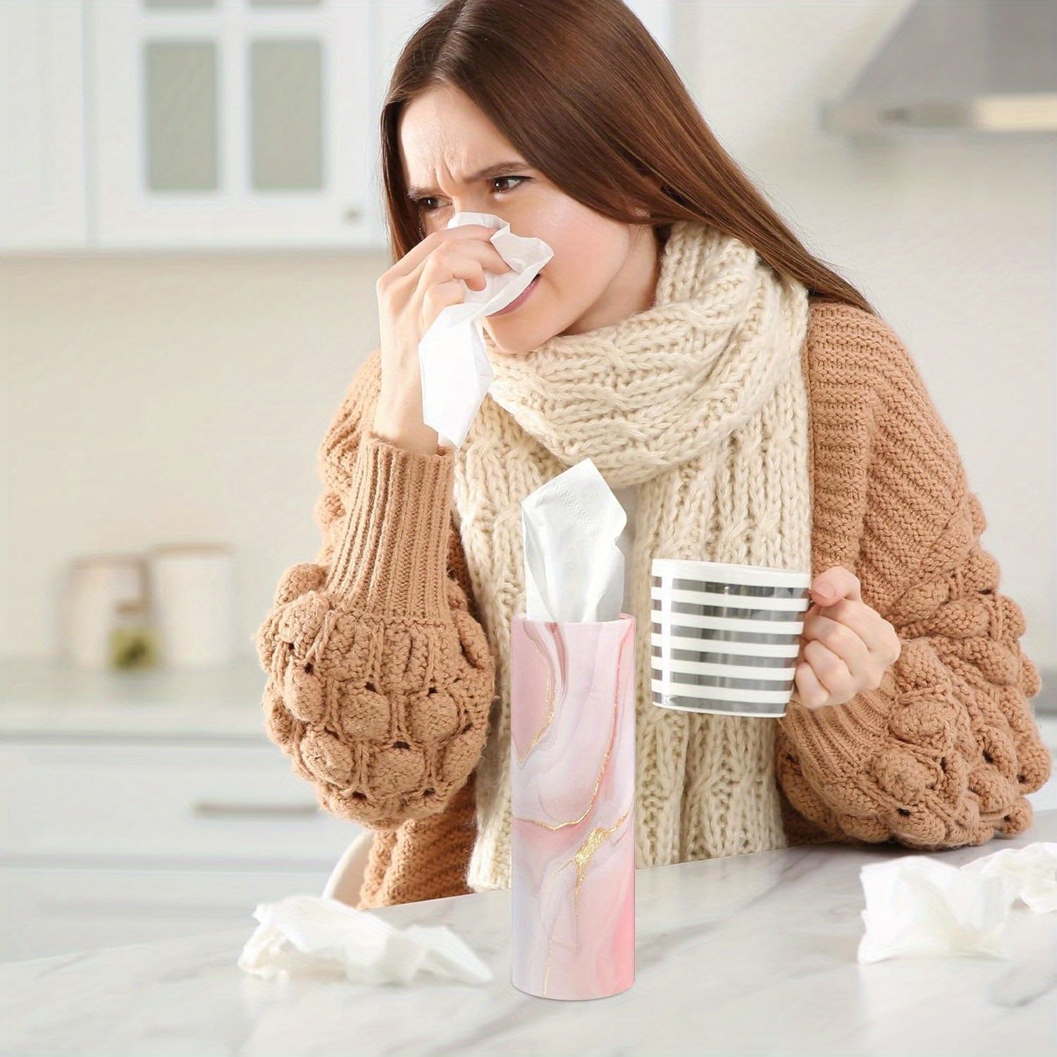 8 Pack Car Tissue Holder, Car Tissues Cylinder, Round Tissue Boxes for Car, Round Tube Car Tissue Box Round Container for Home Bathroom Office (Marble Style)