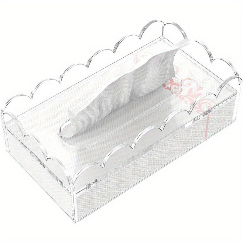 Clear Acrylic Tissue Box Cover Holder with Non-Slip Lid - Heavy-Duty 8mm Thick Rectangular Napkin Dispenser Organizer, Fits Standard Tissue Boxes, Modern White & Black Design for Bathroom, Office, Kitchen Countertop Storage (8.9"x4.9"x2.9") -