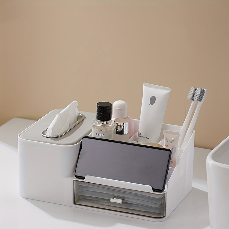 1pc Desktop Multifunctional Tissue Storage Box Mobile Phone Holder Cosmetic Storage Rack Pen Glasses Remote Control Holder Drawer Design Bar Counter Storage Rack Bedroom Living Room Organizer Grid Classification Storage Box