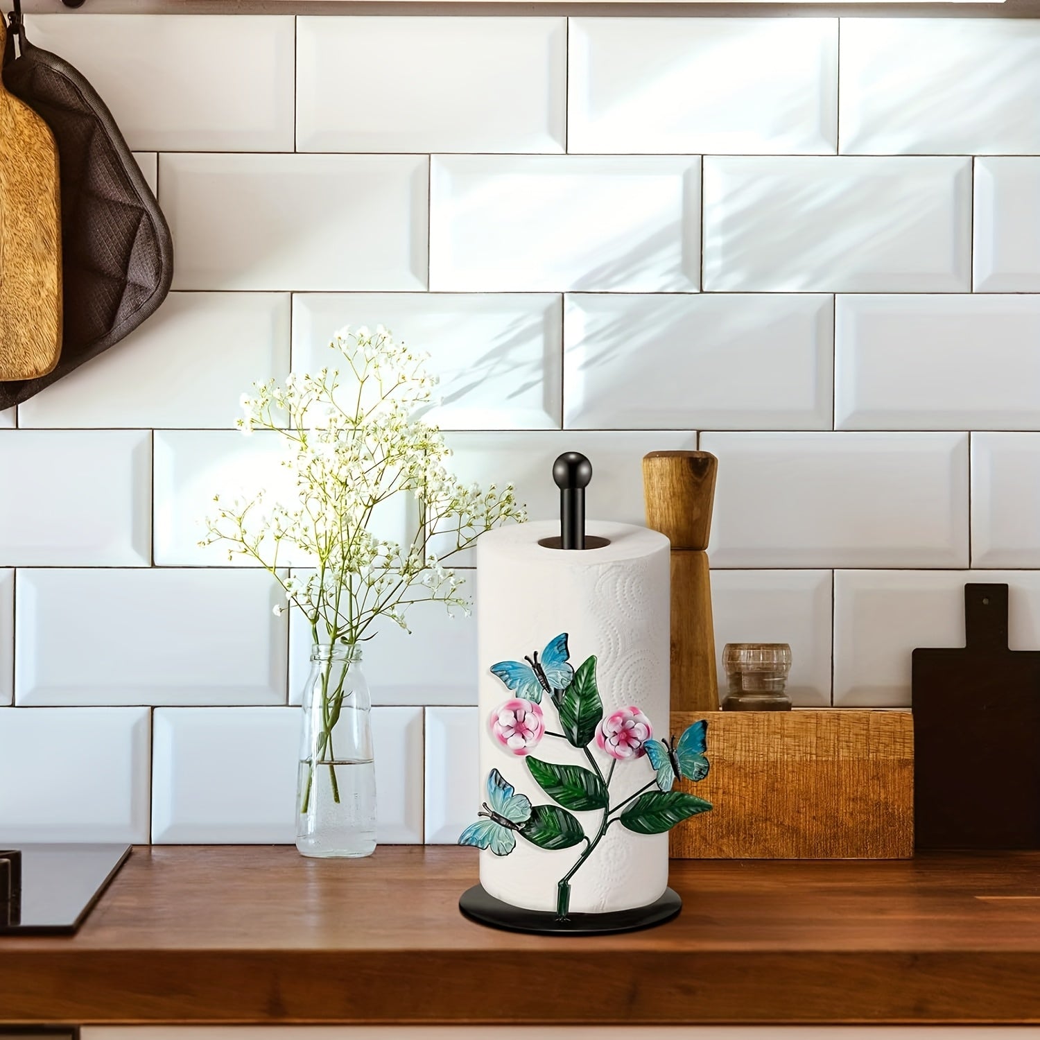 Metal Tissue Box Holder with Floral Butterfly Design - Iron Countertop Decor for Kitchen, Bathroom, Living Room - Decorative Paper Towel Dispenser with Sturdy Base