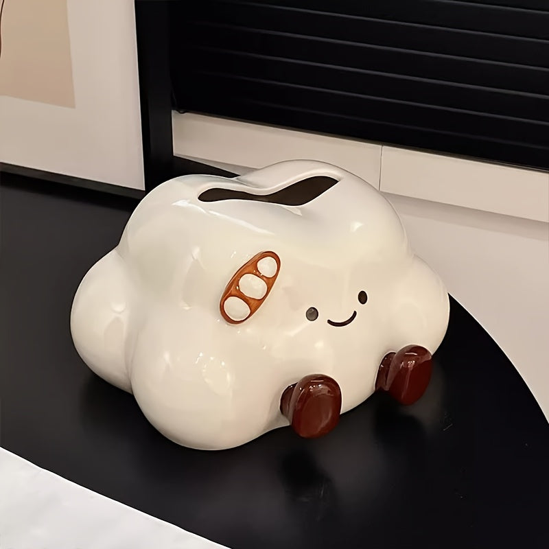 1pc Cute Cartoon Cloud Ceramic Tissue Box, Cream Style Lovely Home Desktop Tissue Box, Light Luxury High-end Tissue Storage, Suitable for Home Decoration, Living Room Bedroom Tissue Storage, Desktop Ornament, Bathroom Tissue Box, Gift