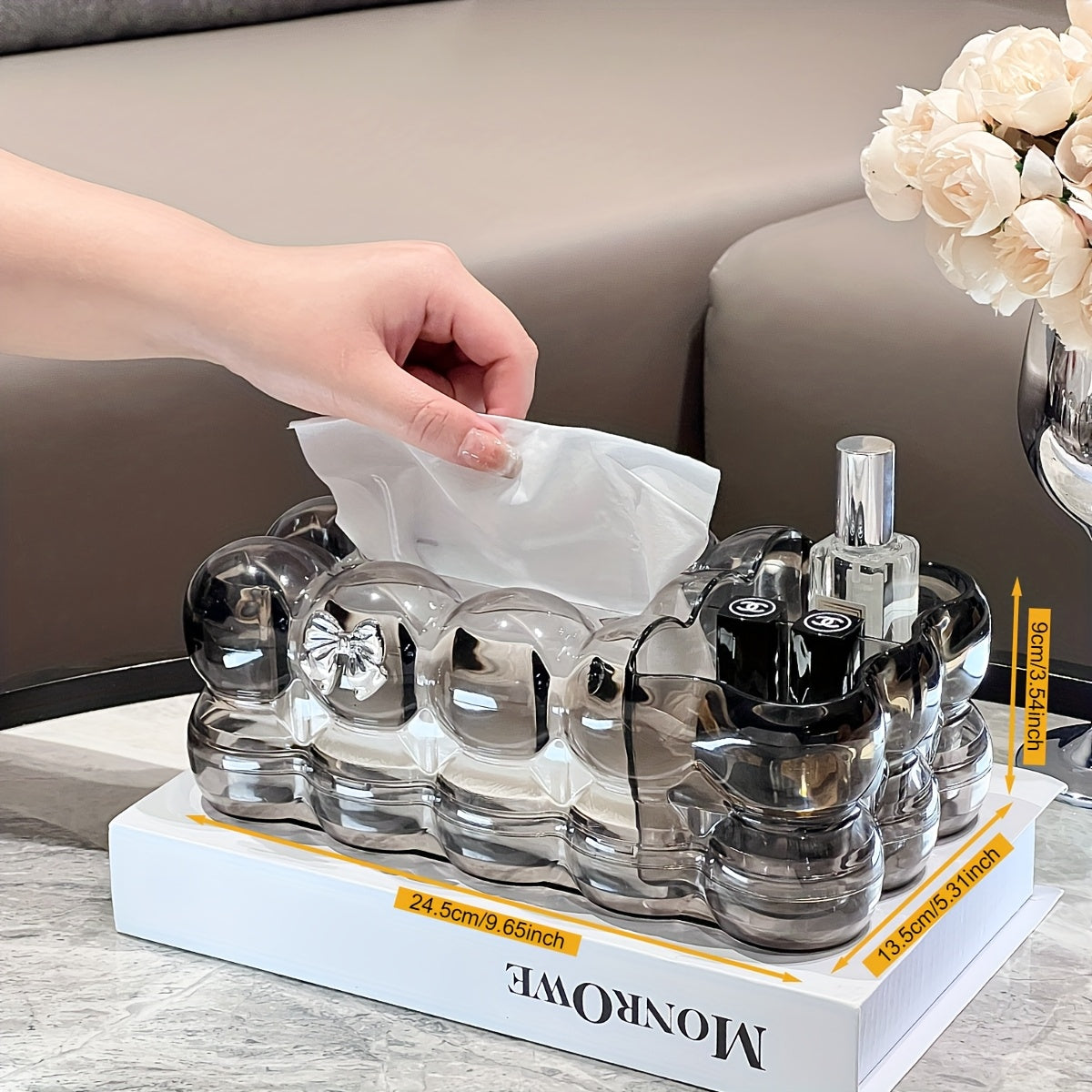 1pc Elegant Clear Plastic Tissue Box Holder with Two Storage Compartments and Rabbit Accents - Cloud-shaped Home Decor Storage Box for Living Room, Bedroom, Office, Kitchen, and Dining Area Storage and Decor