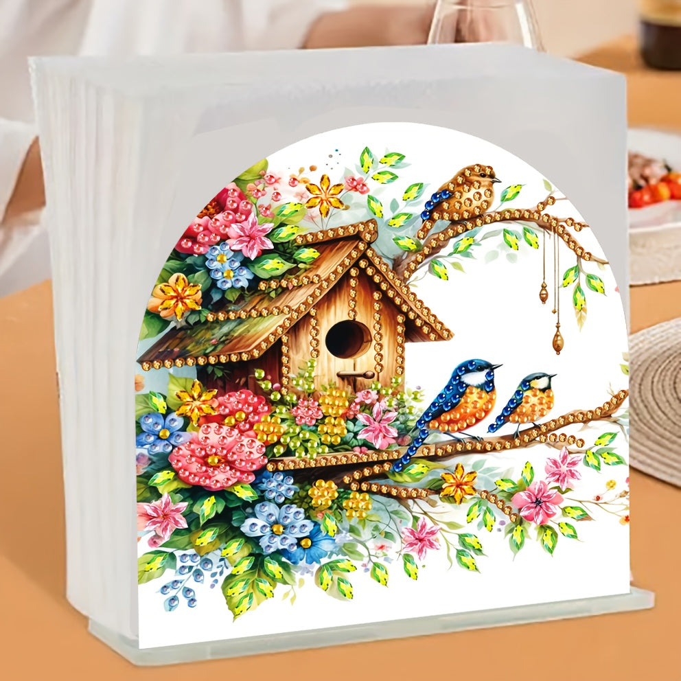A Diamond Painting Tissue Box Decoration, Floral Bird Pattern Tissue Holder - Stylish Desktop Accessory, Suitable for Kitchen, Restaurant and Bar Sturdy Tissue Box - Home Party and Restaurant Decoration