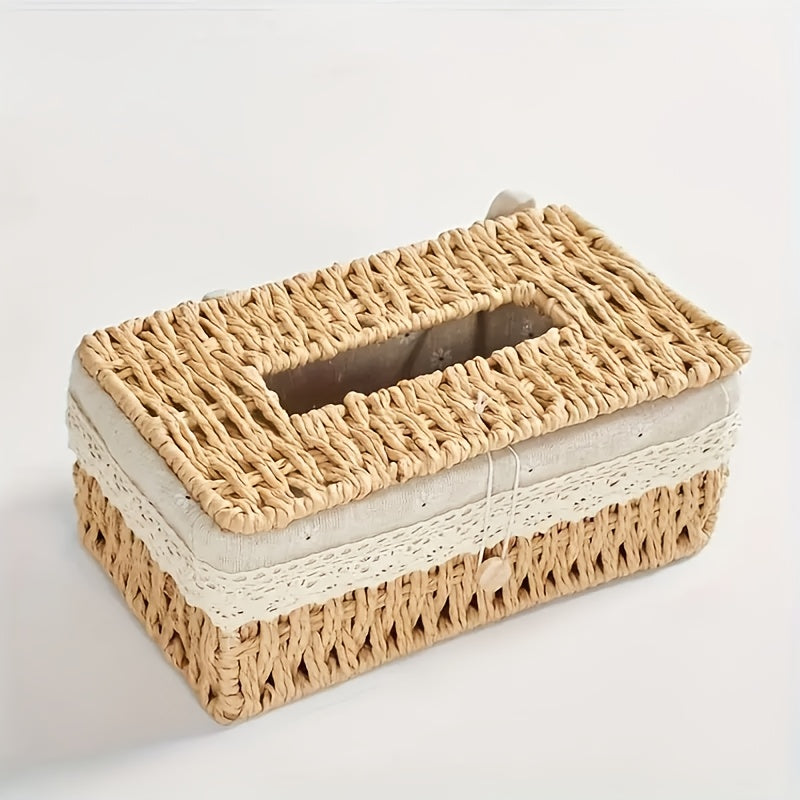 Creative Woven Tissue Paper Storage Box, Hand Woven Grass Woven Tissue Paper Box, Portable Napkin Storage Box, Suitable for Home And Office, Home Organization