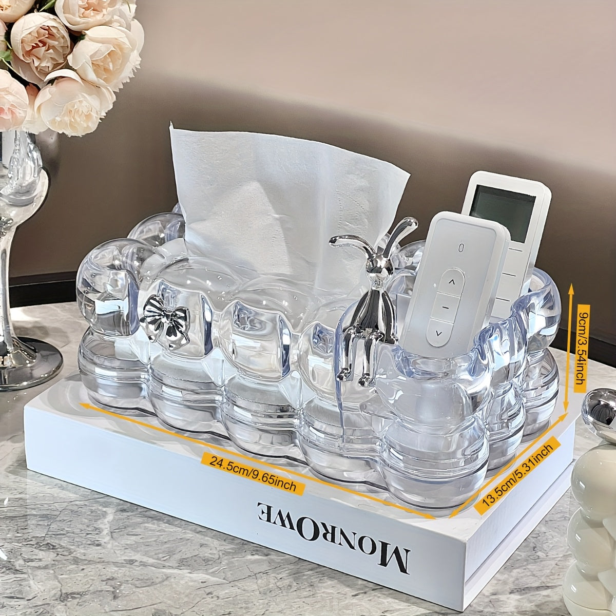 1pc Elegant Clear Plastic Tissue Box Holder with Two Storage Compartments and Rabbit Accents - Cloud-shaped Home Decor Storage Box for Living Room, Bedroom, Office, Kitchen, and Dining Area Storage and Decor