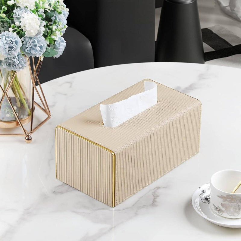 Modern Rectangular PU Leather Tissue Box Cover with Magnetic Closure & Golden Trim - Beige Decorative Bathroom/Kitchen/Entryway Tissue Holder, Durable Rectangular Design with Rounded Corners, Fits Standard Tissues, Easy-Clean Surface (1203-Ply1602),