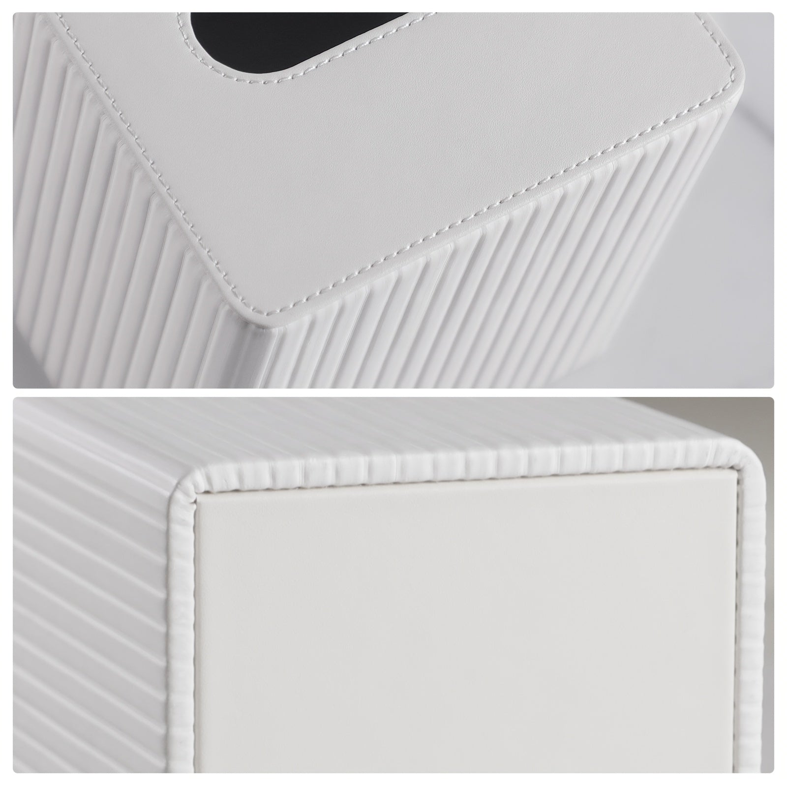 A Square Tissue Box in Elegant Colors, Made of PU Leather, Featuring a Magnetic Closure at The Bottom, with a Striped Decorative Surface, Suitable for Bathrooms, Bedrooms, Or Offices.