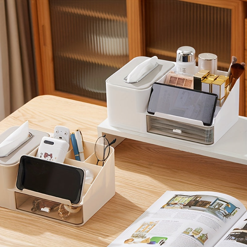 1pc Desktop Multifunctional Tissue Storage Box Mobile Phone Holder Cosmetic Storage Rack Pen Glasses Remote Control Holder Drawer Design Bar Counter Storage Rack Bedroom Living Room Organizer Grid Classification Storage Box