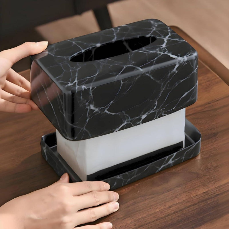 1pc Black Marble Tissue Box Holder & Napkin Dispenser with Golden Veins - Modern Rectangular White Marble Top, Glossy Faux Marble Design, Space-Saving Organizer for Bathroom, Bedroom, Kitchen, or Restaurant - Durable & Easy-Clean Surface, Crystal