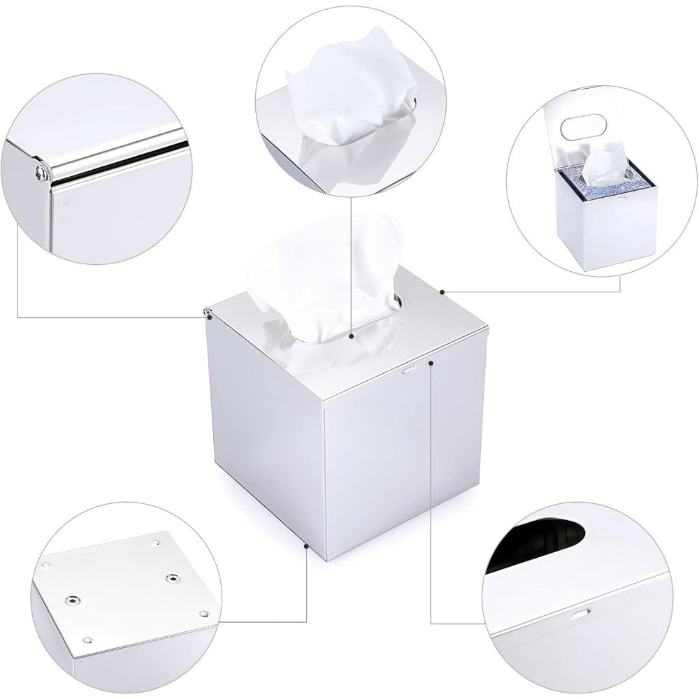 Modern Square Stainless Steel Tissue Box Cover - Wall Mounted, Sleek Metal Holder for Bathroom, Bedroom, Office & Car