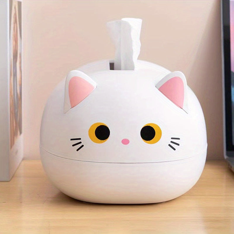 1pc Cute Cat Tissue Box Holder - Kitty Bathroom or Living Room Decor, with Tissue Dispenser Slot, Durable Plastic Construction, White & Black Cat Design for Home, Office, or Gift for Cat Lovers, Office Desk Accessory, Playful Decor Item, Cartoon Animal