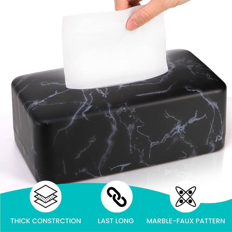 1pc Black Marble Tissue Box Holder & Napkin Dispenser with Golden Veins - Modern Rectangular White Marble Top, Glossy Faux Marble Design, Space-Saving Organizer for Bathroom, Bedroom, Kitchen, or Restaurant - Durable & Easy-Clean Surface, Crystal