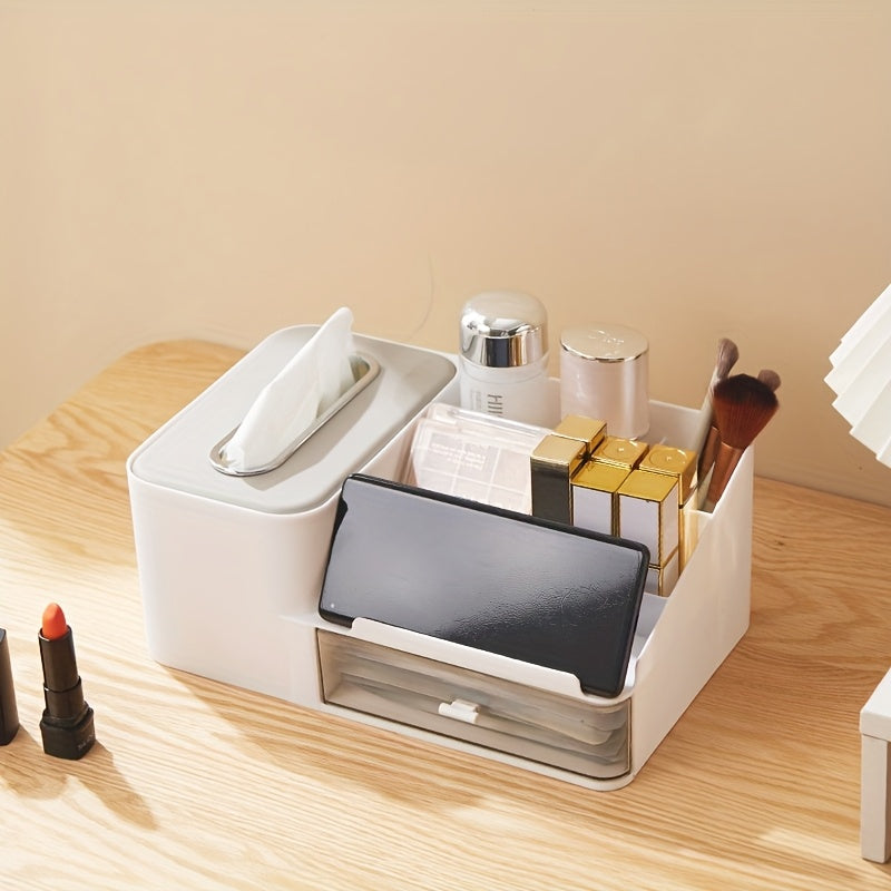 1pc Desktop Multifunctional Tissue Storage Box Mobile Phone Holder Cosmetic Storage Rack Pen Glasses Remote Control Holder Drawer Design Bar Counter Storage Rack Bedroom Living Room Organizer Grid Classification Storage Box