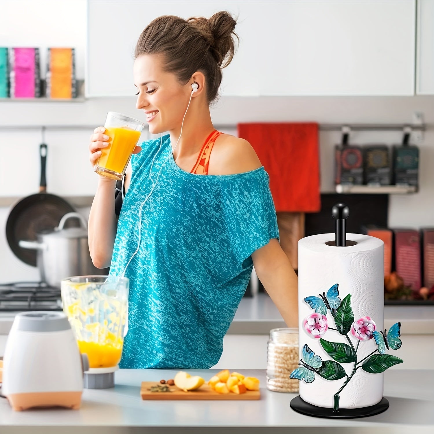 Metal Tissue Box Holder with Floral Butterfly Design - Iron Countertop Decor for Kitchen, Bathroom, Living Room - Decorative Paper Towel Dispenser with Sturdy Base