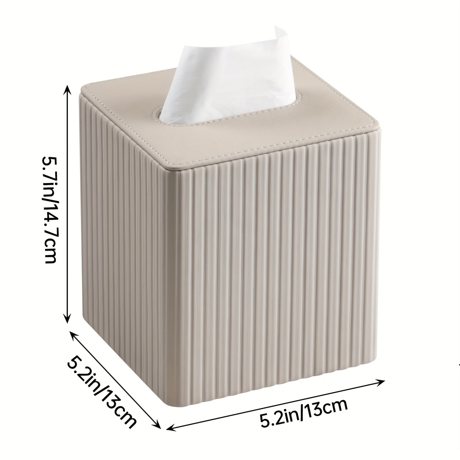 A Square Tissue Box in Elegant Colors, Made of PU Leather, Featuring a Magnetic Closure at The Bottom, with a Striped Decorative Surface, Suitable for Bathrooms, Bedrooms, Or Offices.