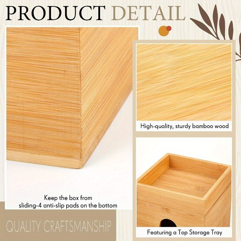 Bamboo Tissue Box Cover with Storage Tray - 6x6x7.4 Inch Decorative Cube Organizer, Natural Wood Tissue Holder for Office & Bedroom, Home Decor Gift