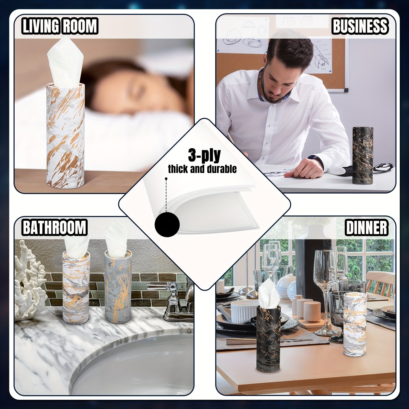 12-Pack Marble Pattern Tissue Holder Cylinder - Black/White/Gray/Beige/, Space-Saving Vertical Organizer for Car, Home, Office, Bathroom - Compatible with Facial Tissues & Napkins - Elegant Marble Design Decorative Storage Container, Tissue Holder for