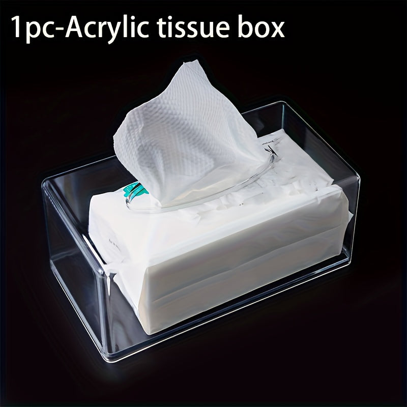 1pc, Square Transparent Acrylic Tissue Box, Rectangular Lid, Bathroom Facial Tissue Holder, Suitable for Bathrooms, Kitchens and Cars Table Clear Dry Paper Dispenser, Restaurant Napkin Storage Box, Kitchen Tissue Paper Holder, Fits Hotel Kitchen Car