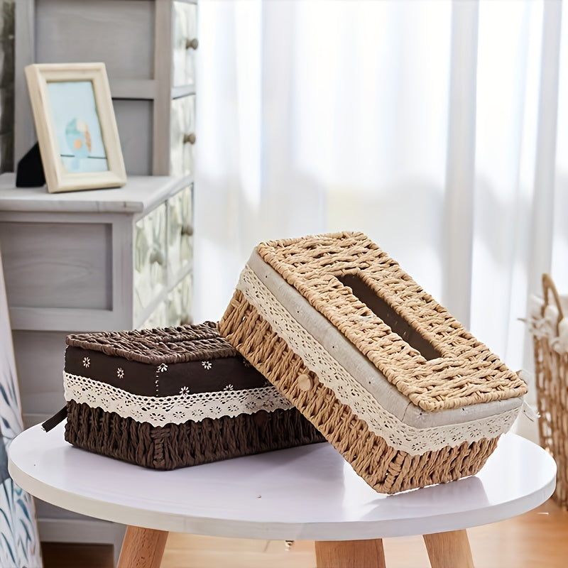 Creative Woven Tissue Paper Storage Box, Hand Woven Grass Woven Tissue Paper Box, Portable Napkin Storage Box, Suitable for Home And Office, Home Organization