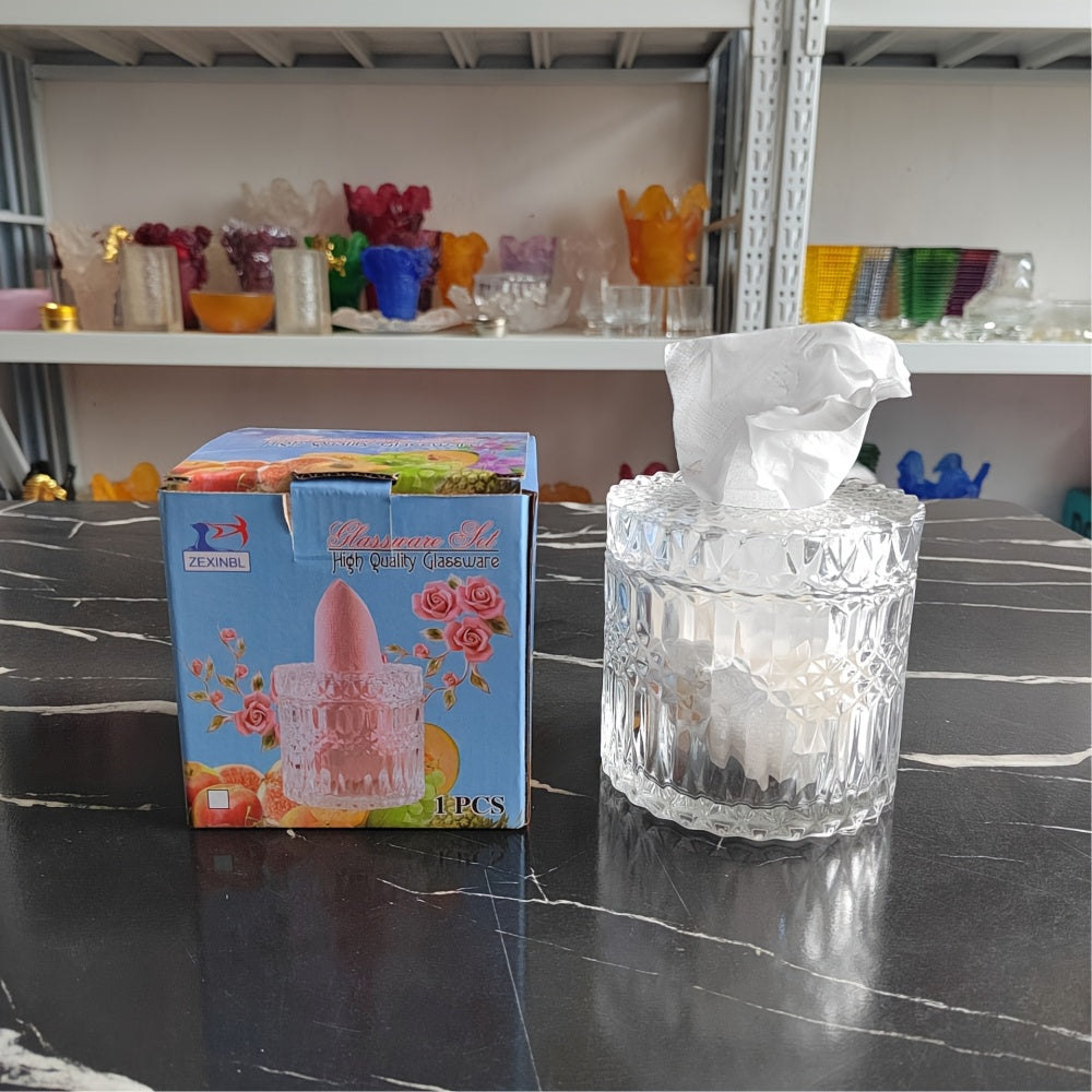 1pc Crystal Glass Tissue Box Holder, Modern Diamond Cut Luxury Texture, Transparent with Lid, Easy to Clean, Ideal for Home, Wedding, Festival, Office Desktop Decor, Festive Gift Item|Modern Decor Item|Crystal Glass Box