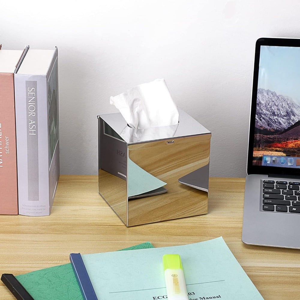 Modern Square Stainless Steel Tissue Box Cover - Wall Mounted, Sleek Metal Holder for Bathroom, Bedroom, Office & Car