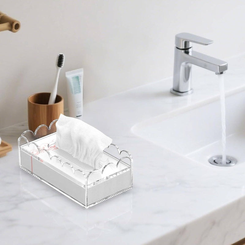 Clear Acrylic Tissue Box Cover Holder with Non-Slip Lid - Heavy-Duty 8mm Thick Rectangular Napkin Dispenser Organizer, Fits Standard Tissue Boxes, Modern White & Black Design for Bathroom, Office, Kitchen Countertop Storage (8.9"x4.9"x2.9") -