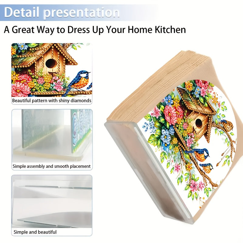 A Diamond Painting Tissue Box Decoration, Floral Bird Pattern Tissue Holder - Stylish Desktop Accessory, Suitable for Kitchen, Restaurant and Bar Sturdy Tissue Box - Home Party and Restaurant Decoration