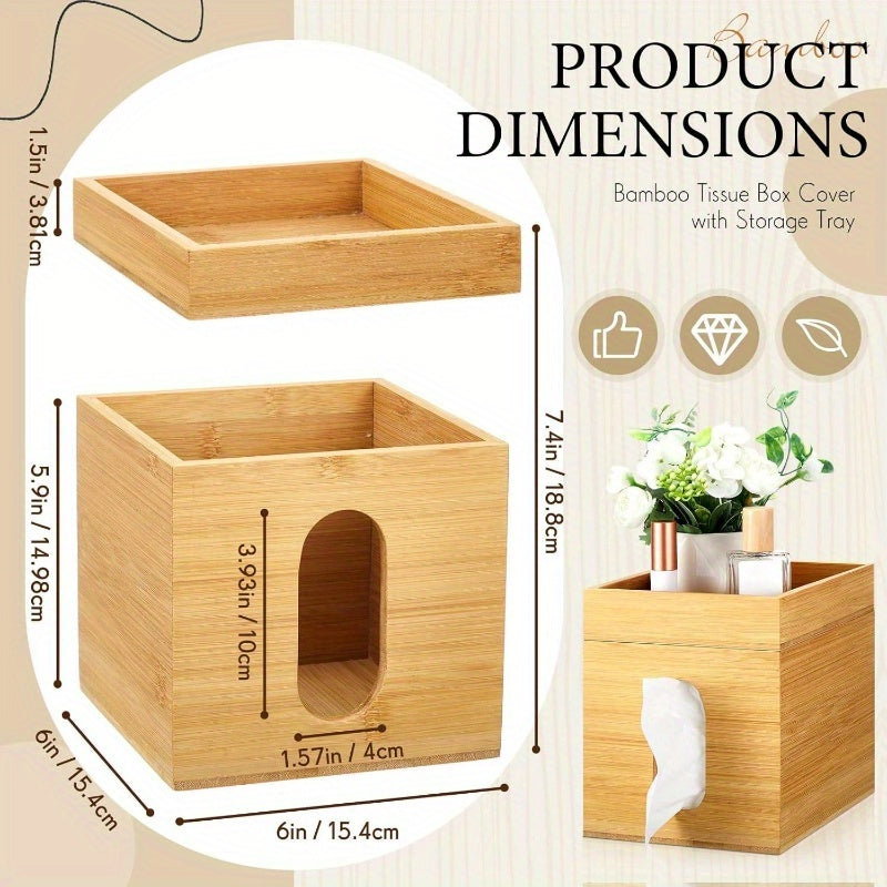 Bamboo Tissue Box Cover with Storage Tray - 6x6x7.4 Inch Decorative Cube Organizer, Natural Wood Tissue Holder for Office & Bedroom, Home Decor Gift