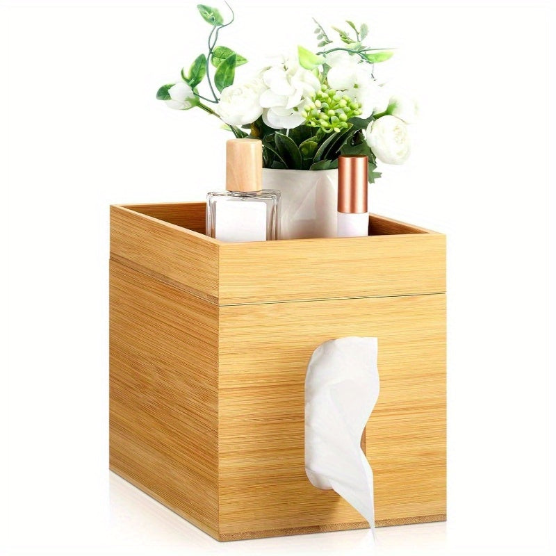 Bamboo Tissue Box Cover with Storage Tray - 6x6x7.4 Inch Decorative Cube Organizer, Natural Wood Tissue Holder for Office & Bedroom, Home Decor Gift
