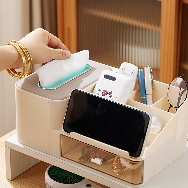 1pc Desktop Multifunctional Tissue Storage Box Mobile Phone Holder Cosmetic Storage Rack Pen Glasses Remote Control Holder Drawer Design Bar Counter Storage Rack Bedroom Living Room Organizer Grid Classification Storage Box