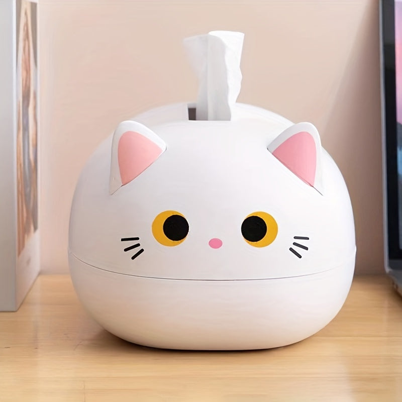 1pc Cute Cat Tissue Box Holder - Kitty Bathroom or Living Room Decor, with Tissue Dispenser Slot, Durable Plastic Construction, White & Black Cat Design for Home, Office, or Gift for Cat Lovers, Office Desk Accessory, Playful Decor Item, Cartoon Animal