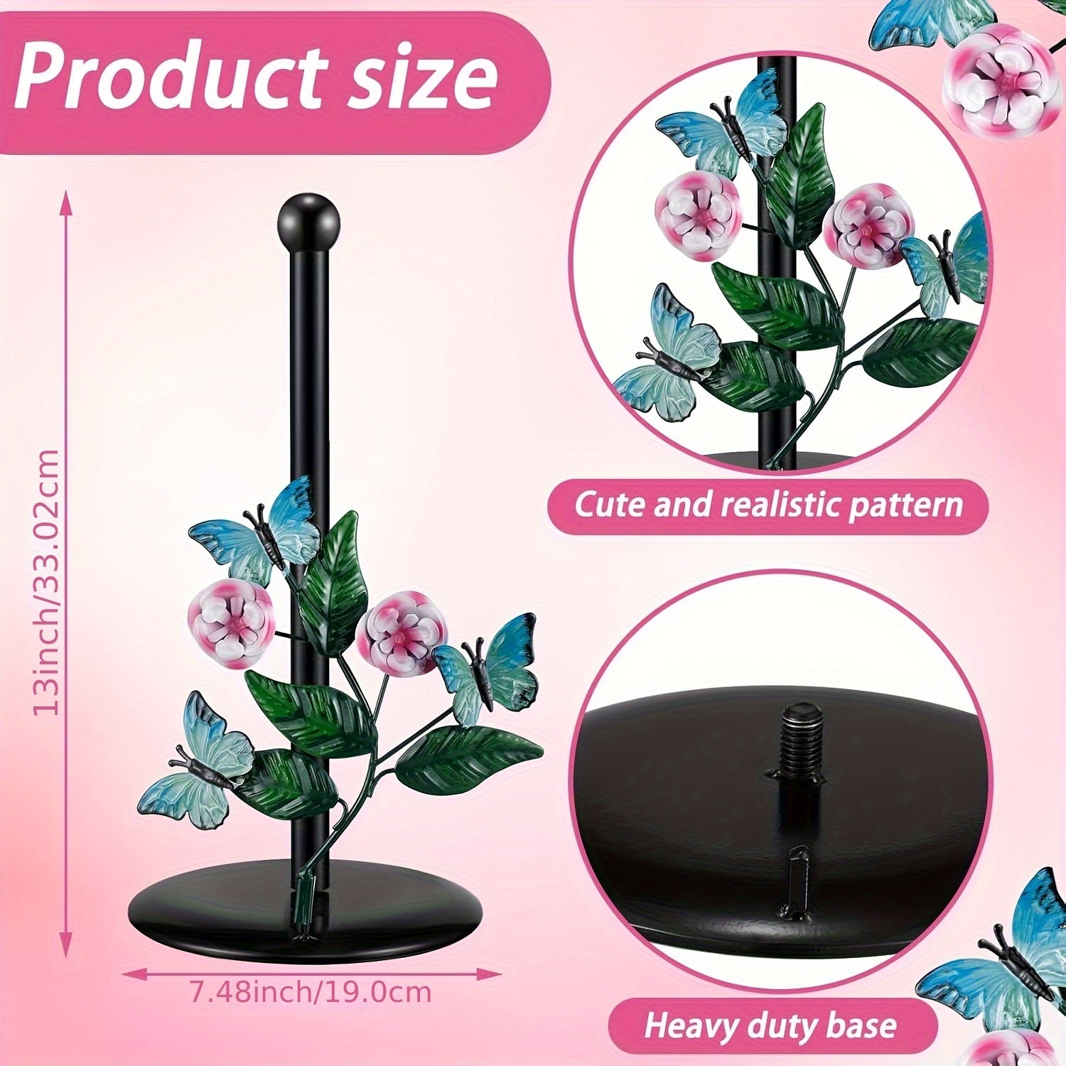 Metal Tissue Box Holder with Floral Butterfly Design - Iron Countertop Decor for Kitchen, Bathroom, Living Room - Decorative Paper Towel Dispenser with Sturdy Base