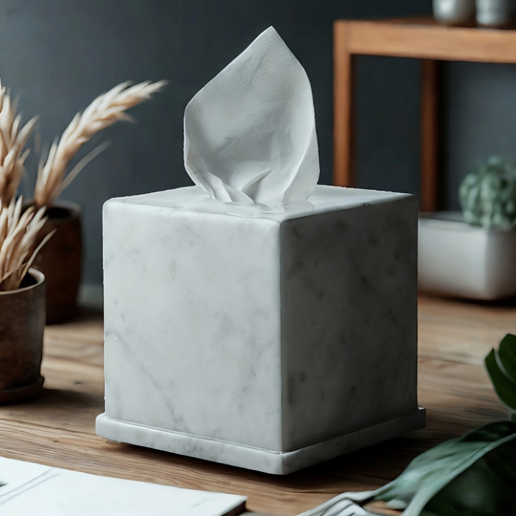 1pc Marble Tissue Box Cover, Carrara White Tissue Organizer 6 X 6 X 5.7 Inch, Heavy Stone Decorative Box, Square Tissue Box Holder For Home Decor, Kitchen, Bathroom