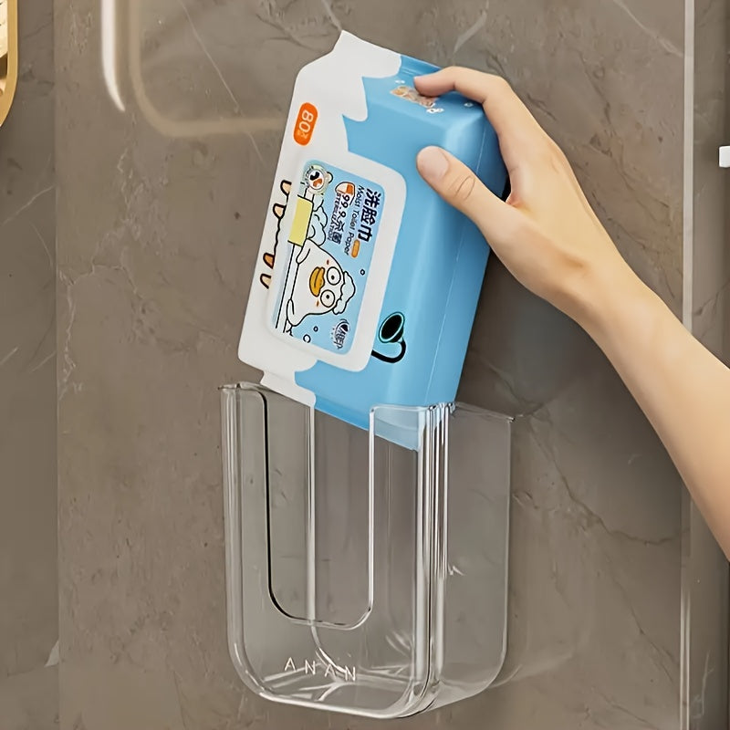 Easy Install No Drill Self-Adhesive Luxury Square Plastic Tissue Holder - Strong Load-Bearing Clear Modern Wall-Mounted Bathroom Storage Box with Large Opening for Face Towels & Wet Wipes, Home & Commercial Use, Towel Holder for Bathroom, Sleek Design,