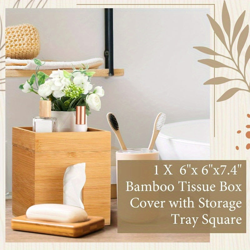 Bamboo Tissue Box Cover with Storage Tray - 6x6x7.4 Inch Decorative Cube Organizer, Natural Wood Tissue Holder for Office & Bedroom, Home Decor Gift
