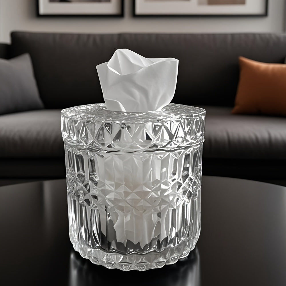 1pc Crystal Glass Tissue Box Holder, Modern Diamond Cut Luxury Texture, Transparent with Lid, Easy to Clean, Ideal for Home, Wedding, Festival, Office Desktop Decor, Festive Gift Item|Modern Decor Item|Crystal Glass Box