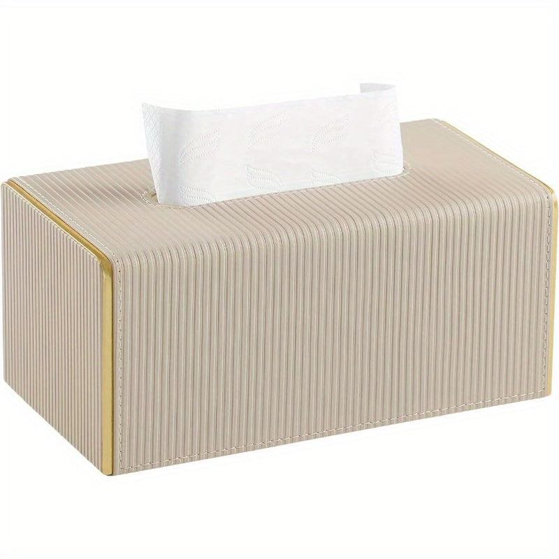 Modern Rectangular PU Leather Tissue Box Cover with Magnetic Closure & Golden Trim - Beige Decorative Bathroom/Kitchen/Entryway Tissue Holder, Durable Rectangular Design with Rounded Corners, Fits Standard Tissues, Easy-Clean Surface (1203-Ply1602),