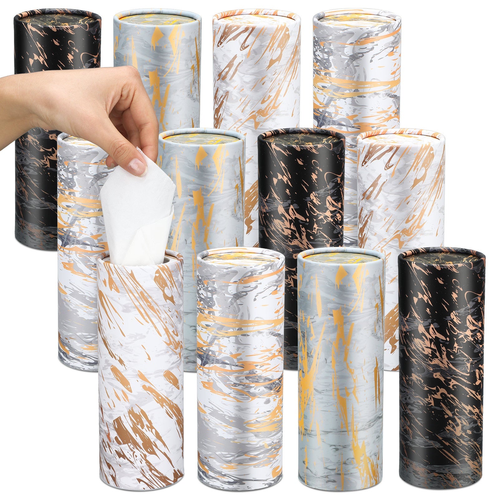 12-Pack Marble Pattern Tissue Holder Cylinder - Black/White/Gray/Beige/, Space-Saving Vertical Organizer for Car, Home, Office, Bathroom - Compatible with Facial Tissues & Napkins - Elegant Marble Design Decorative Storage Container, Tissue Holder for