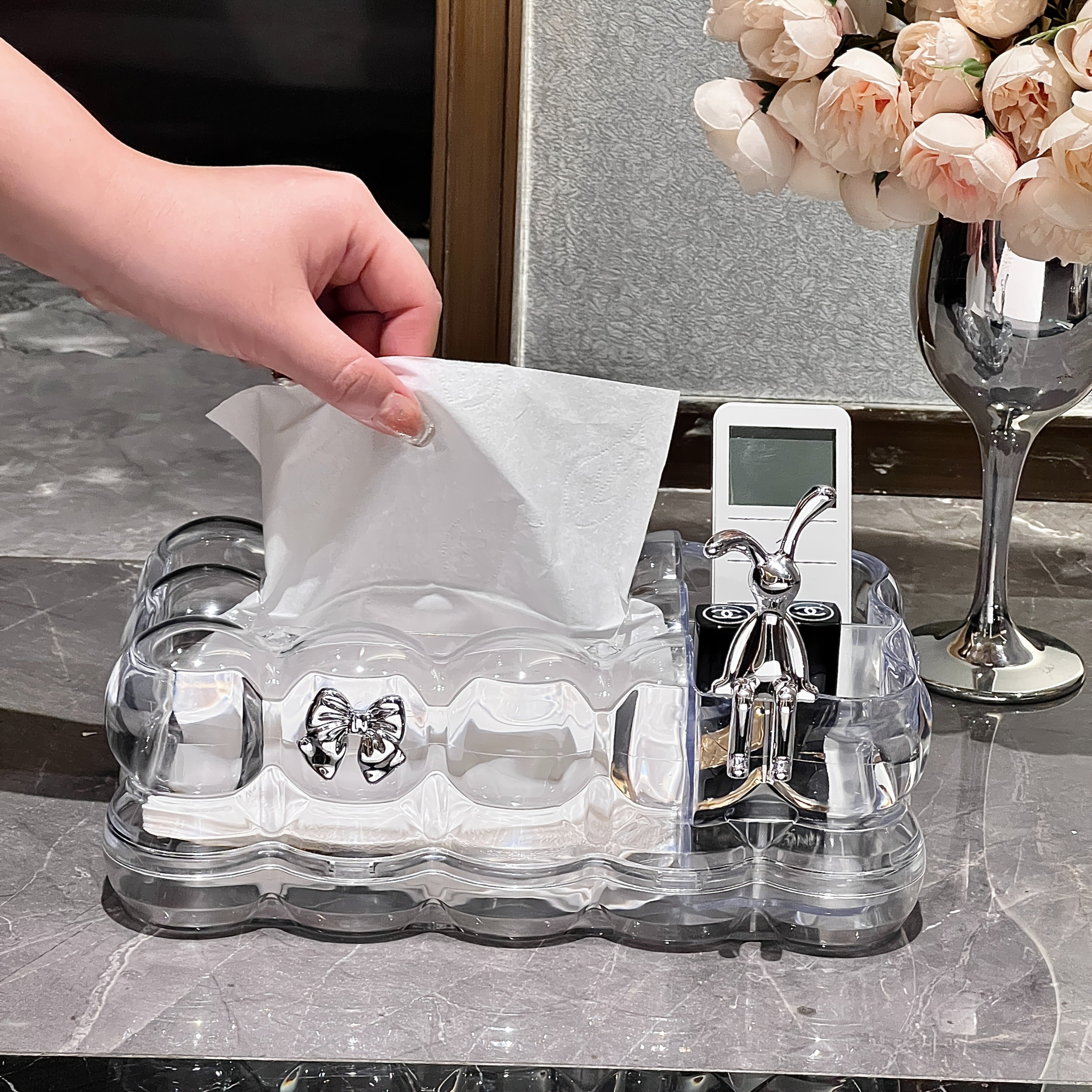 1pc Elegant Clear Plastic Tissue Box Holder with Two Storage Compartments and Rabbit Accents - Cloud-shaped Home Decor Storage Box for Living Room, Bedroom, Office, Kitchen, and Dining Area Storage and Decor