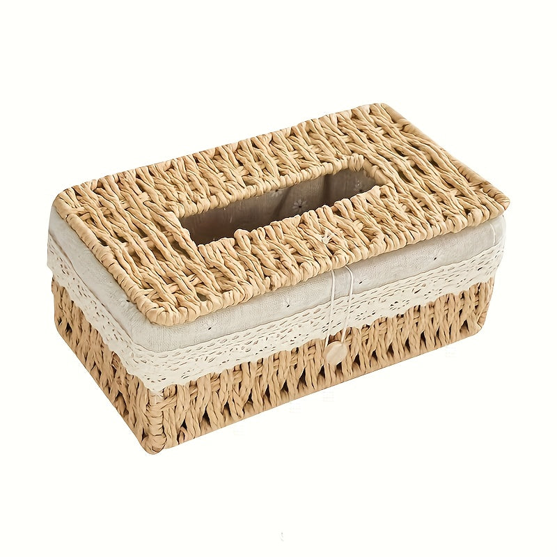 Creative Woven Tissue Paper Storage Box, Hand Woven Grass Woven Tissue Paper Box, Portable Napkin Storage Box, Suitable for Home And Office, Home Organization