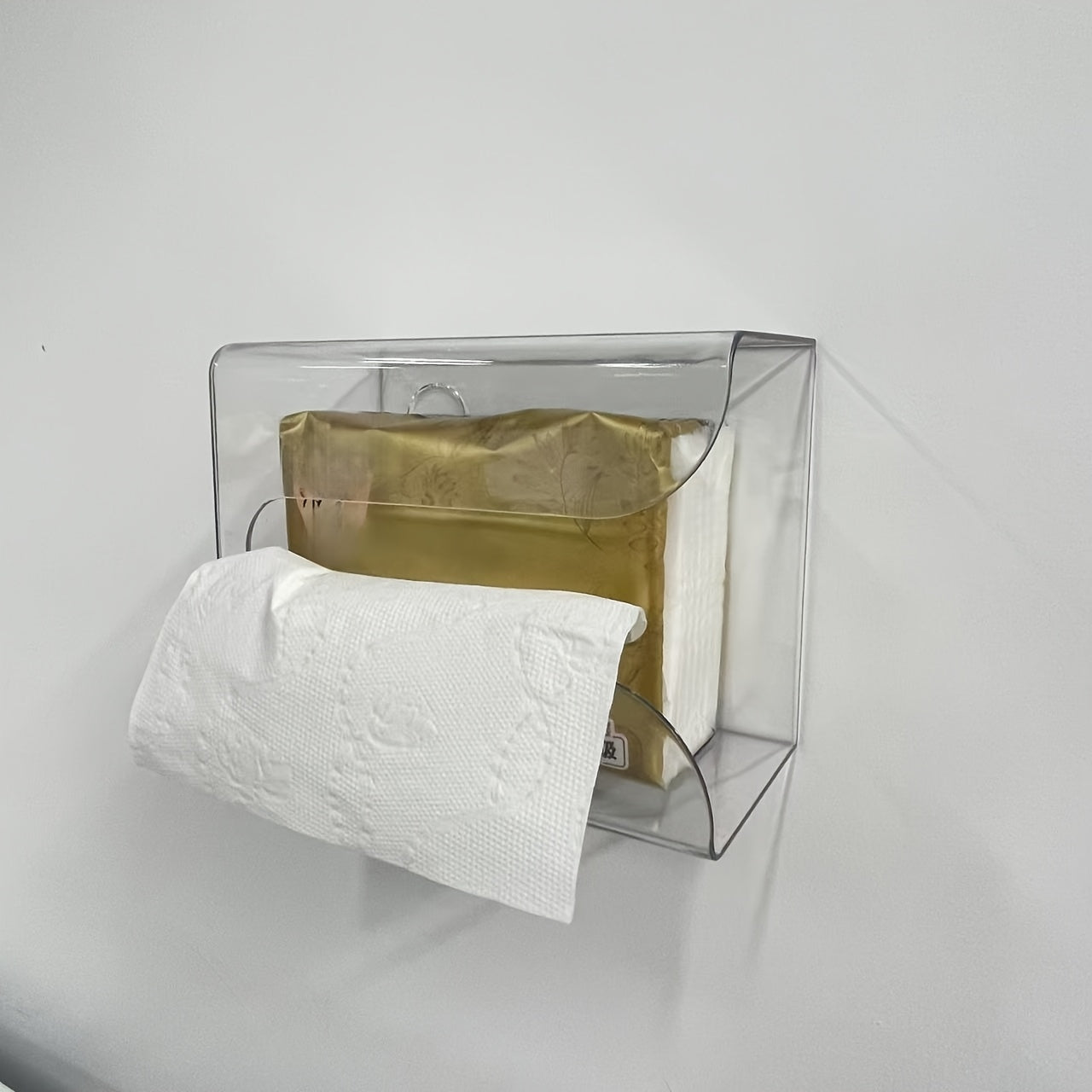 1pc Clear Wall-Mounted Tissue Box Holder - No Drill Adhesive Bathroom & Kitchen Organizer, Transparent Square Storage Cabinet with Damage-Free Installation, Space-Saving Modern Minimalist design for Living Room, Office - Holds Standard Tissues, Bathroom