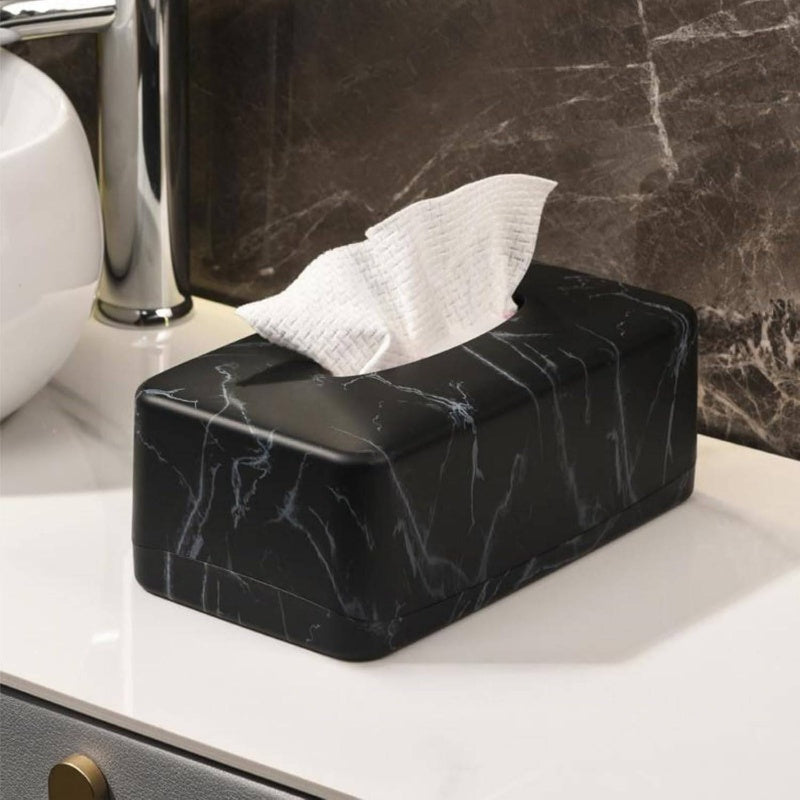1pc Black Marble Tissue Box Holder & Napkin Dispenser with Golden Veins - Modern Rectangular White Marble Top, Glossy Faux Marble Design, Space-Saving Organizer for Bathroom, Bedroom, Kitchen, or Restaurant - Durable & Easy-Clean Surface, Crystal