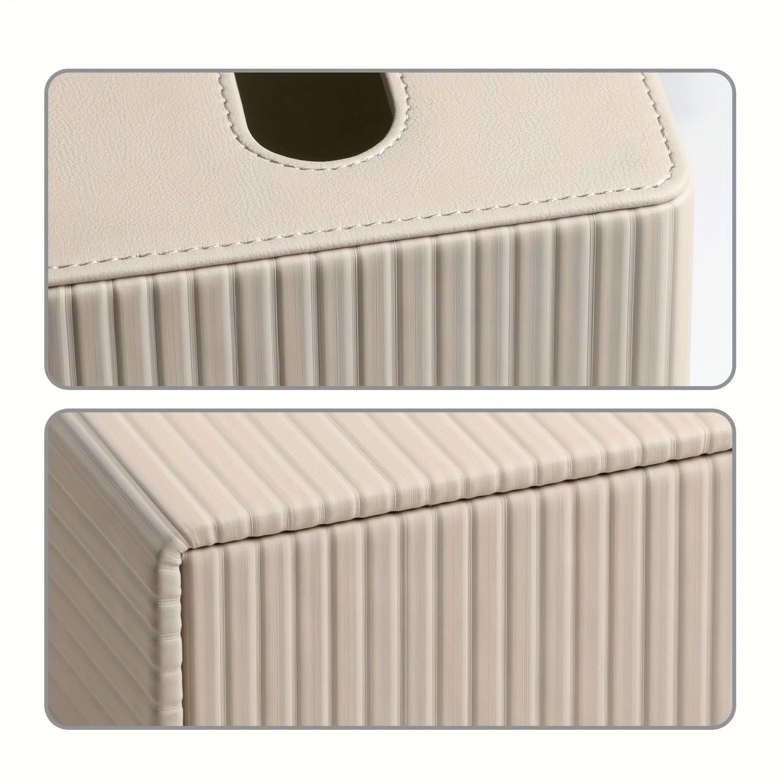 A Square Tissue Box in Elegant Colors, Made of PU Leather, Featuring a Magnetic Closure at The Bottom, with a Striped Decorative Surface, Suitable for Bathrooms, Bedrooms, Or Offices.