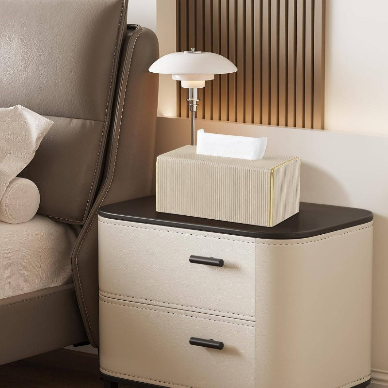 Modern Rectangular PU Leather Tissue Box Cover with Magnetic Closure & Golden Trim - Beige Decorative Bathroom/Kitchen/Entryway Tissue Holder, Durable Rectangular Design with Rounded Corners, Fits Standard Tissues, Easy-Clean Surface (1203-Ply1602),