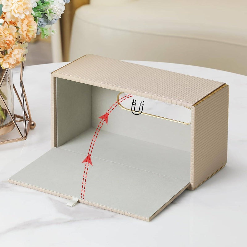 Modern Rectangular PU Leather Tissue Box Cover with Magnetic Closure & Golden Trim - Beige Decorative Bathroom/Kitchen/Entryway Tissue Holder, Durable Rectangular Design with Rounded Corners, Fits Standard Tissues, Easy-Clean Surface (1203-Ply1602),