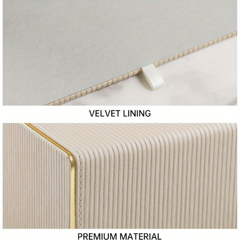 Modern Rectangular PU Leather Tissue Box Cover with Magnetic Closure & Golden Trim - Beige Decorative Bathroom/Kitchen/Entryway Tissue Holder, Durable Rectangular Design with Rounded Corners, Fits Standard Tissues, Easy-Clean Surface (1203-Ply1602),