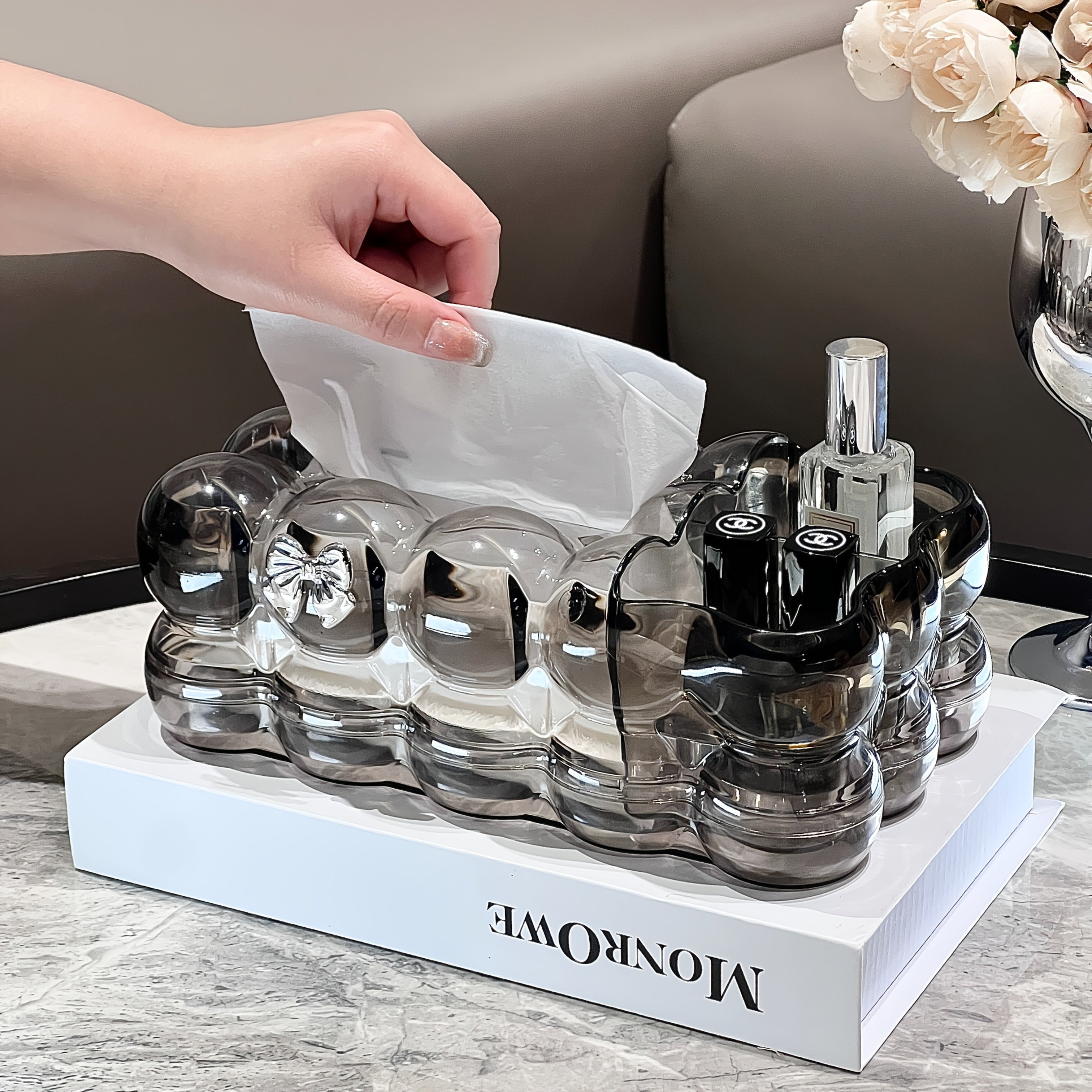 1pc Elegant Clear Plastic Tissue Box Holder with Two Storage Compartments and Rabbit Accents - Cloud-shaped Home Decor Storage Box for Living Room, Bedroom, Office, Kitchen, and Dining Area Storage and Decor